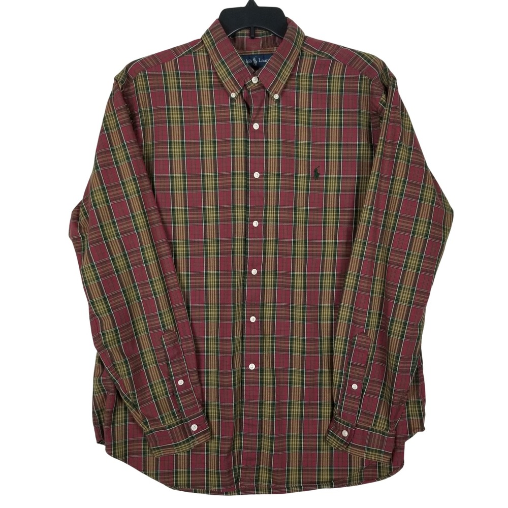 Ralph Lauren Button Down Mens XL Burgundy Green Plaid Classic Fit Long Sleeve